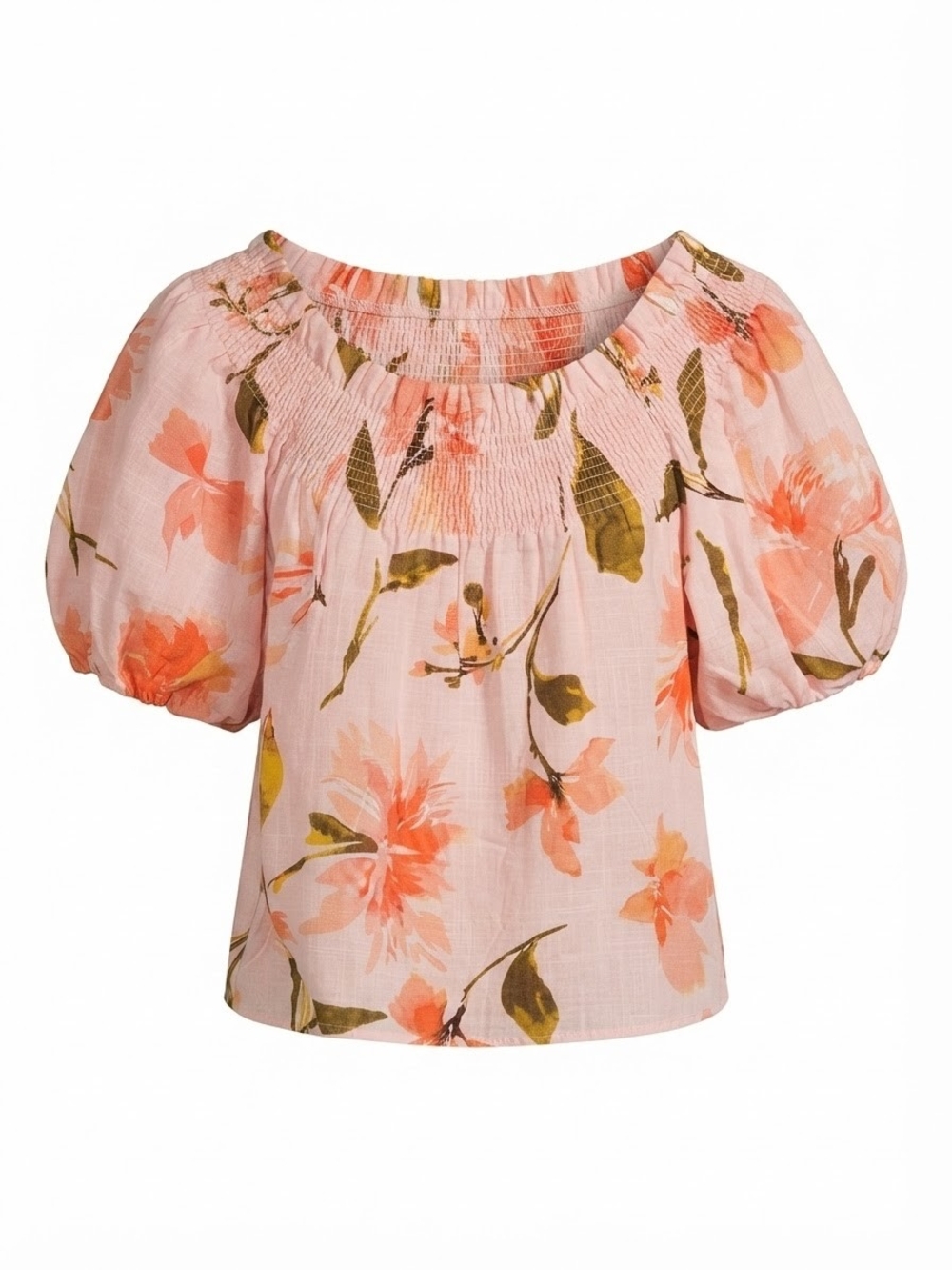 CeCe Pink Floral Smocked Neck Puff-Sleeve Top